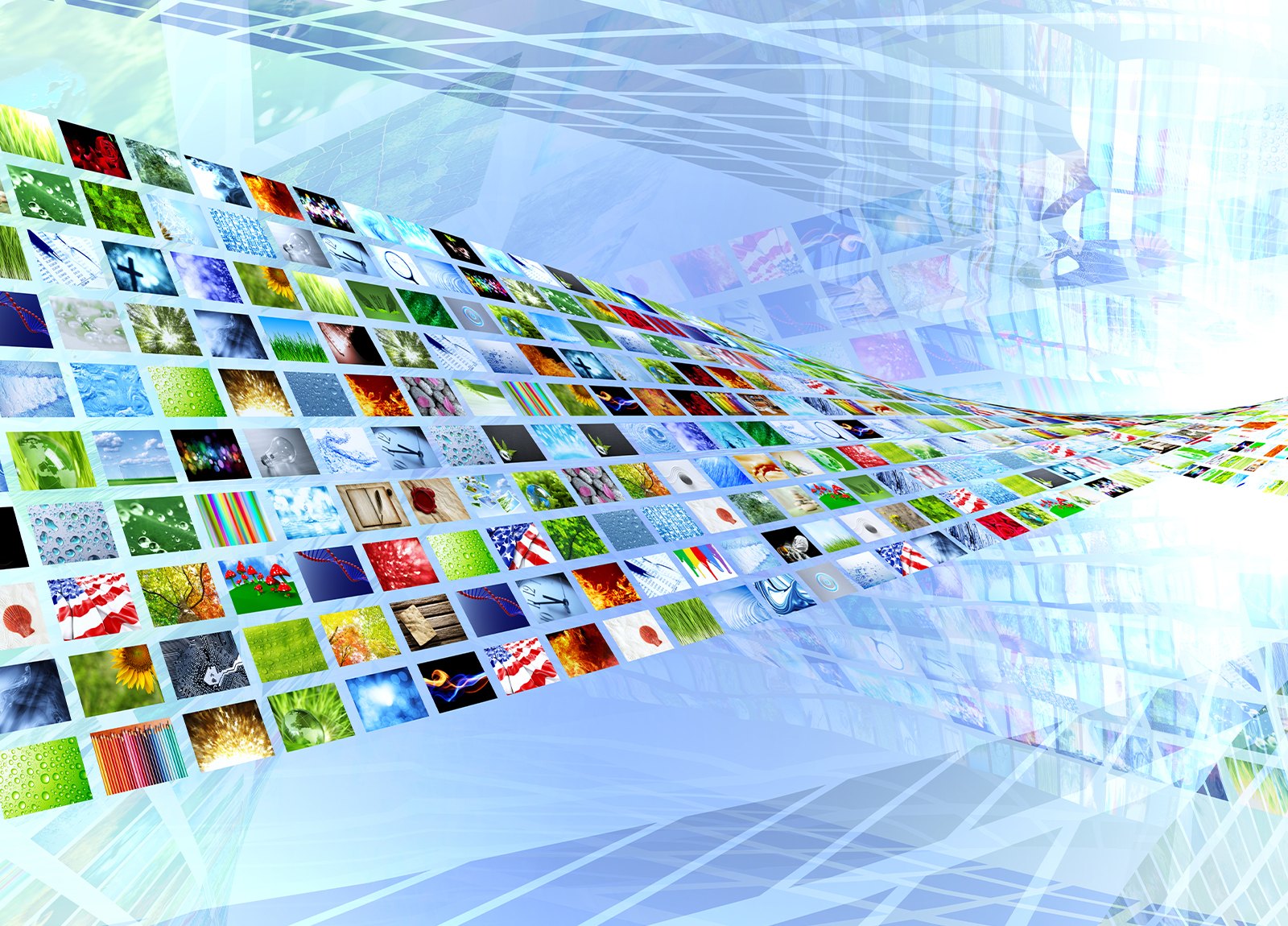 A flowing wall of digital images and media streaming through a bright blue technology space