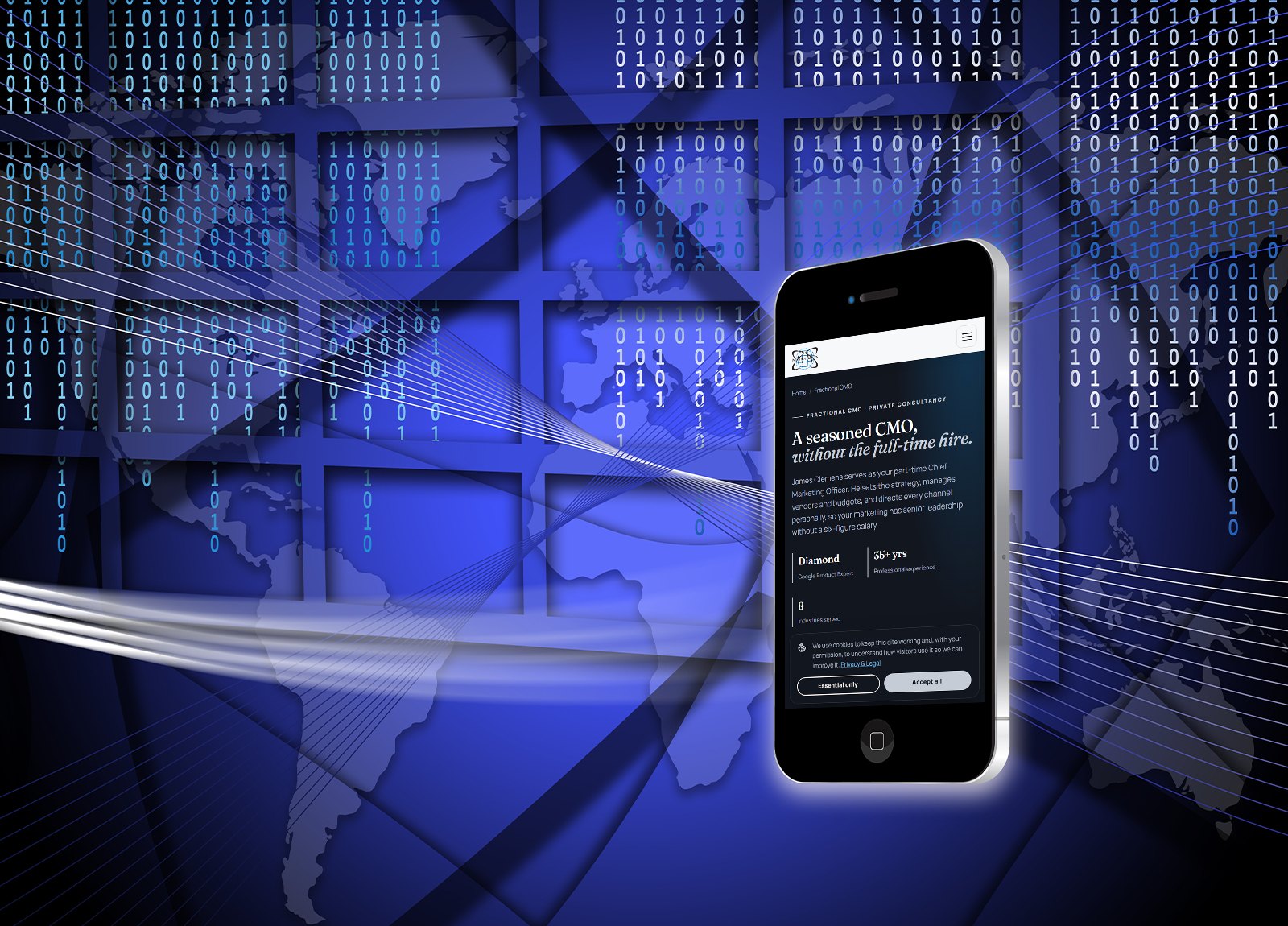 The Mica Specialties website shown on a smartphone over a blue world map with binary code